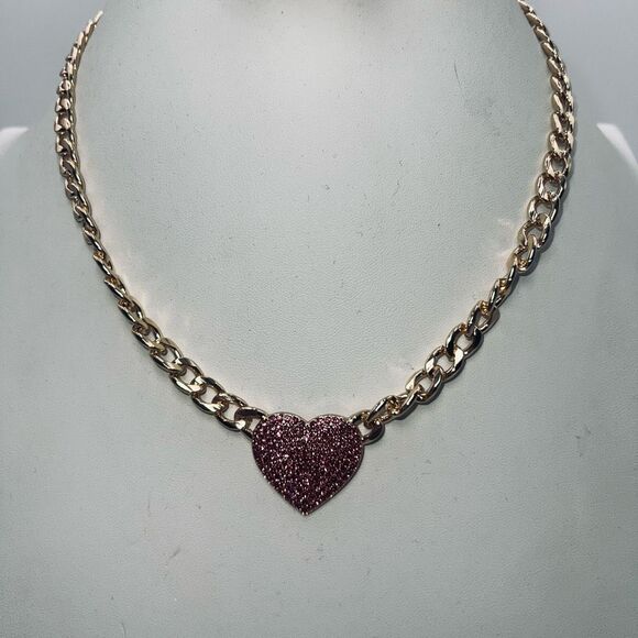 Gold‎ Tone Cuban Link Pin Crystal 18” Necklace - Picture 1 of 3